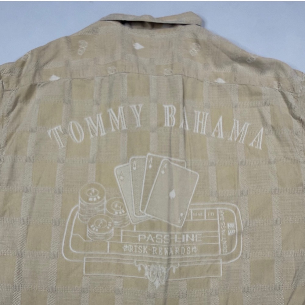 Tommy Bahama Button Up Shirt Mens XL Tan Silk Casino Poker Cards Dice Loop
